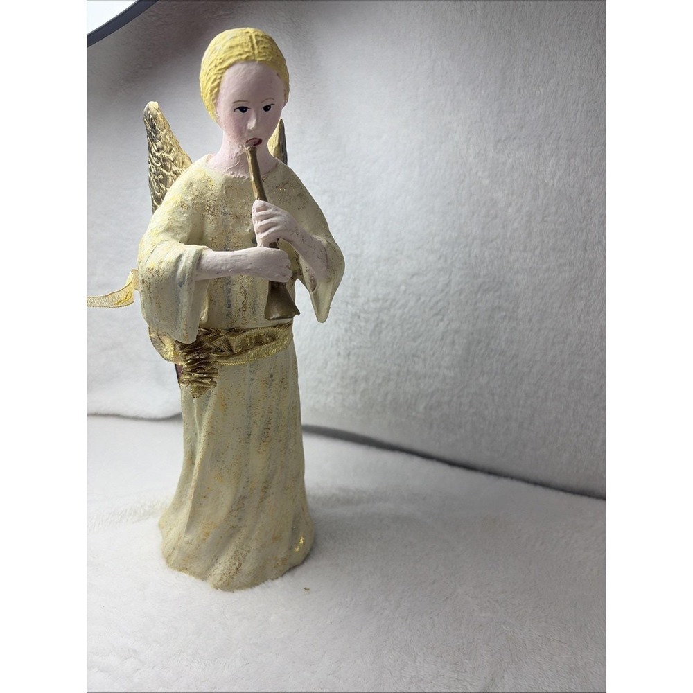 Vintage 90s Christmas Angel Figurine Playing Horn Gold & Cream Decor Solid Resin - Picture 1 of 10